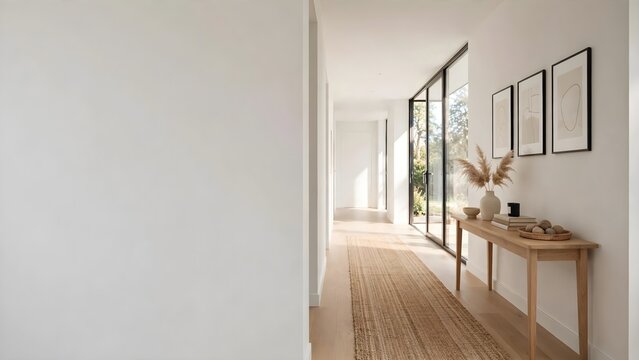 Minimalist modern interior hallway with white walls light wood floor and console table
