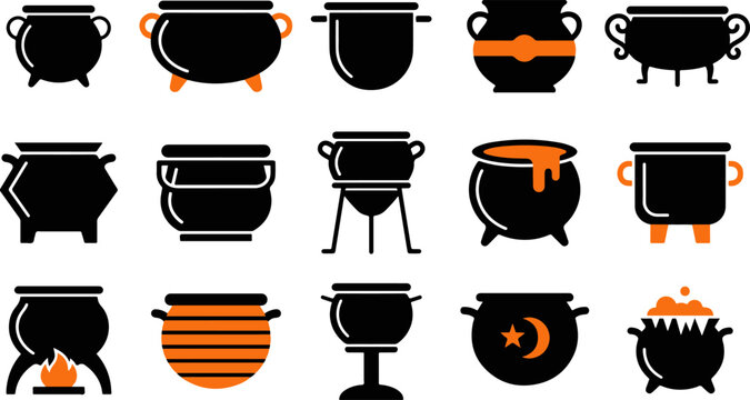 Set of various black cauldron illustrations for halloween featuring magical witch pots with fire and mystical potion elements isolated