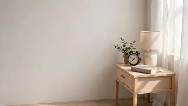 Minimalist white bedroom interior with wooden bedside table lamp plant and alarm clock