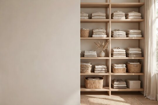 Minimalist wooden shelf with folded white towels and wicker baskets in beige room