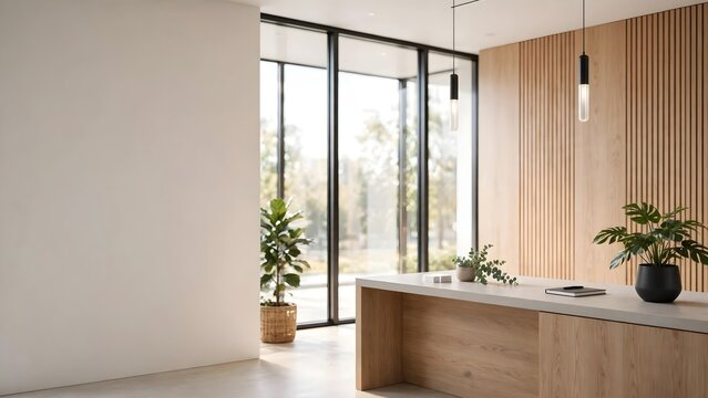 Modern minimalist interior office reception area with wooden panels and large windows