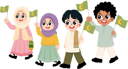 Group of Diverse Happy Children Holding Islamic Flags and Lanterns Celebrating Religious Holiday Festival
