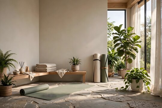 Modern minimalist yoga studio interior with green plants and natural light