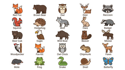 Collection of Cute Forest Animals with Labels. © Azhaa