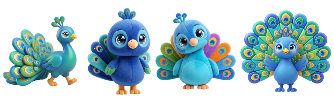 Four cute cartoon peacock bird characters isolated with collection four on transparent background