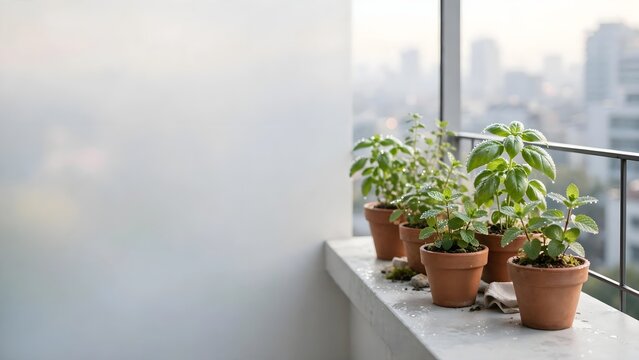 Potted green aromatic herbs on white balcony ledge with urban city skyline view background