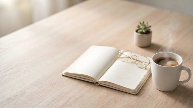 Open blank notebook with steaming coffee cup and eyeglasses on light wood table