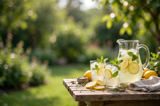 Refreshing homemade lemonade with mint and ice on a wooden table in a sunny garden
