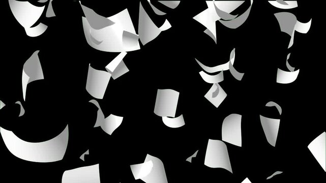 paper documents falling from above overlay, black background. flying sheets of white paper. Blank paper sheets falling down with luma matte, blank sheets flying and explosion effect. documents falling