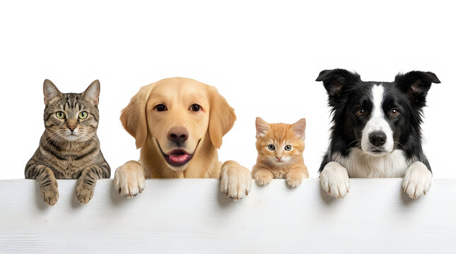 Group of cute dogs and cats looking over a blank ledge together