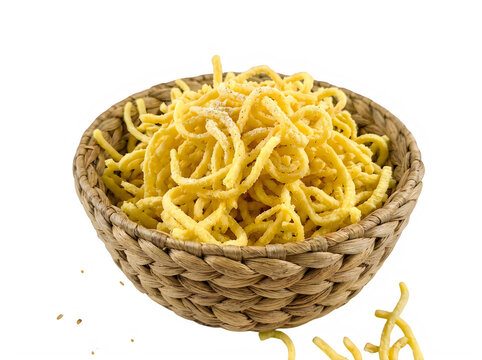 Fresh yellow egg noodles in a rustic wooden bowl