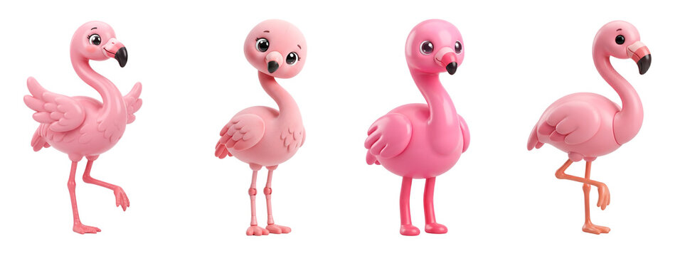 Four cute cartoon flamingo characters set isolated with adorable rendered on transparent background