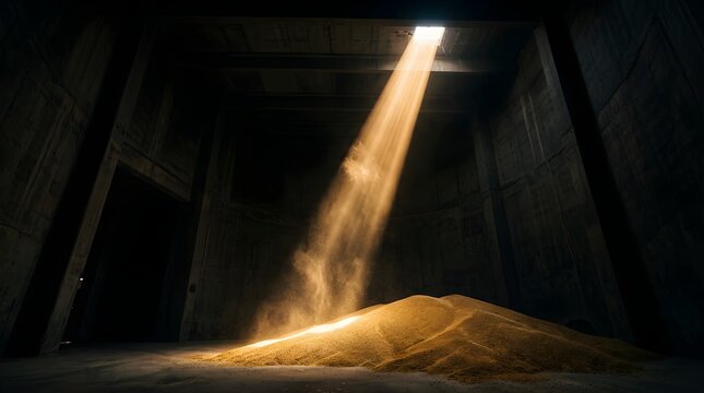 Golden light beam shining on a pile of grain inside a dark warehouse