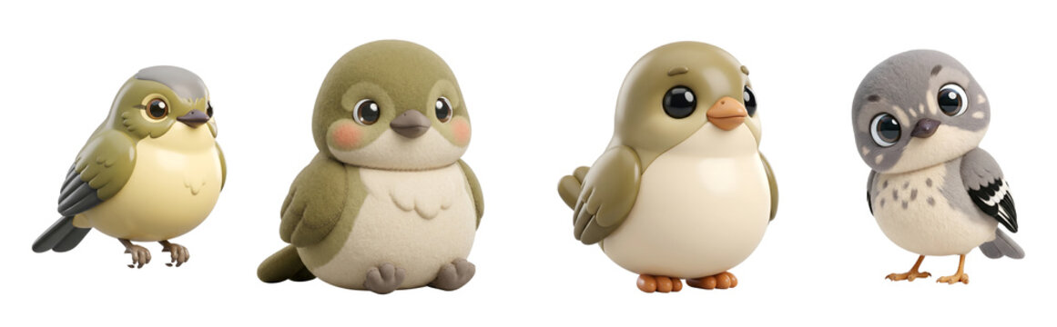 Four cute cartoon bird characters set isolated with four distinct on transparent background