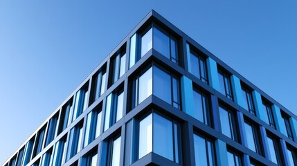 Obraz premium Modern glass building with blue windows and sharp angles against clear sky, showcasing contemporary architecture