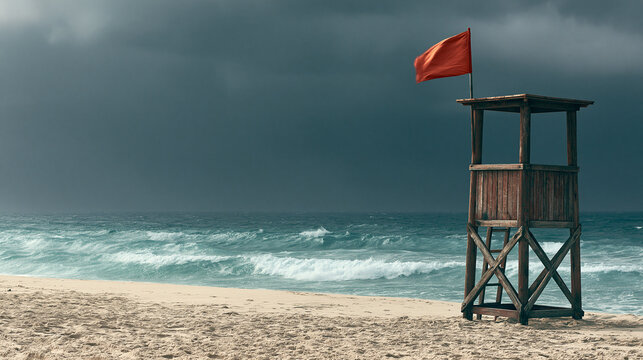 Wooden lifeguard tower with red warning flag waving on sandy, stands amidst a dark, stormy sky.
