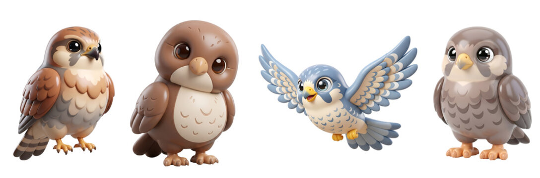 Set of four cute cartoon falcon bird characters with large expressive on transparent background