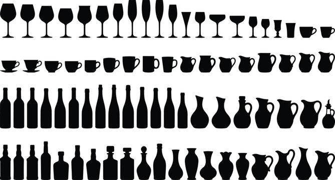Large assortment of black silhouettes featuring various drinking glasses wine goblets coffee cups pitchers bottles silhouette drinkware collection isolated