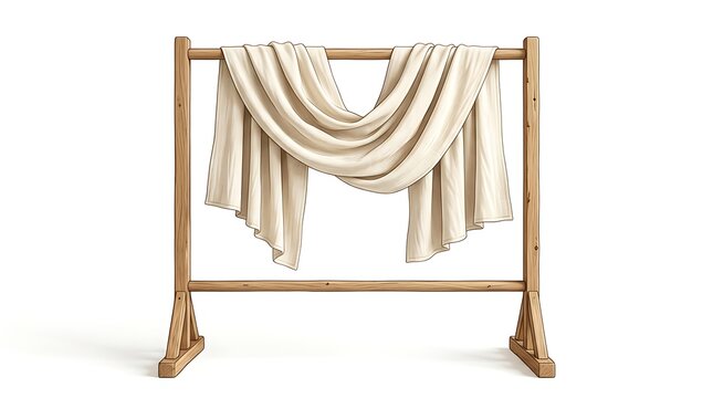 Cream fabric hanging on wooden rack isolated against white background display