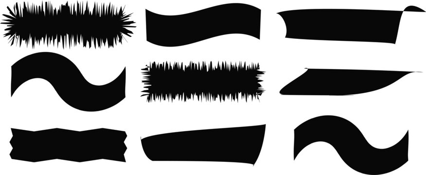 Collection of various black brush stroke shapes and textured banners
