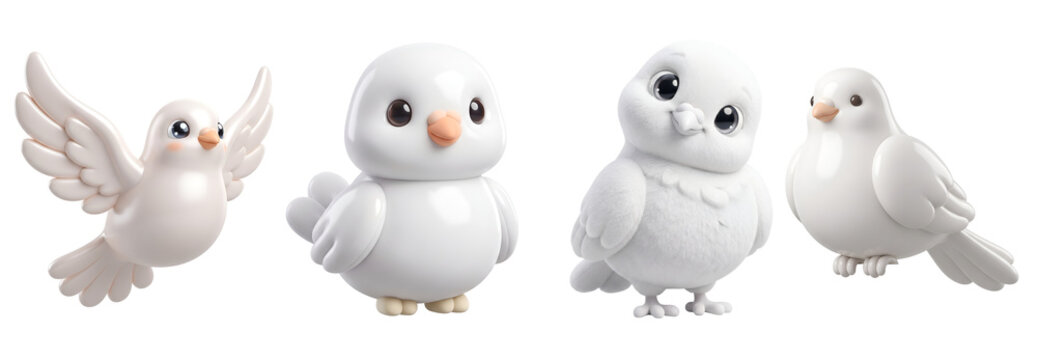 Cute cartoon white dove characters set isolated on transparent background
