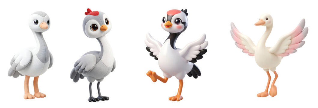 Set of four cute cartoon bird characters isolated with collection four on transparent background