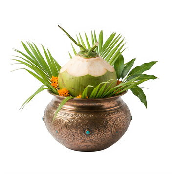 Fresh green coconut placed in a traditional copper metal pot decorated with green palm leaves