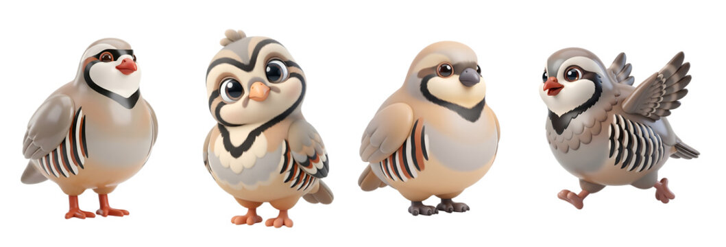 Four adorable stylized sparrow characters standing together on transparent background