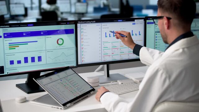 Medical Coder Carefully Reviews Patient Records Using Laptop