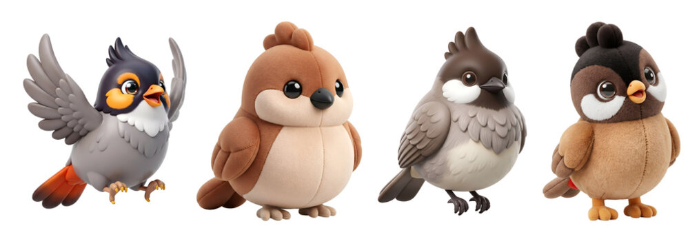 Set of four cute stylized bird plush toys with textures large expressive on transparent background