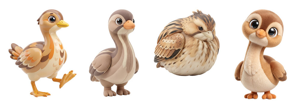 Four cute cartoon bird characters standing isolated with distinct on transparent background