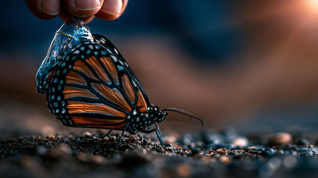 Close-up of a hand gently holding a monarch butterfly resting on rough dark soil