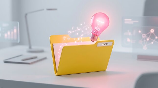 A bright glowing light bulb floating above an open yellow office folder labeled ideas on a clean desk in modern office