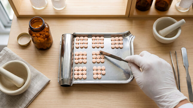 Close up of clinical pharmacist manually counting tablets medicine