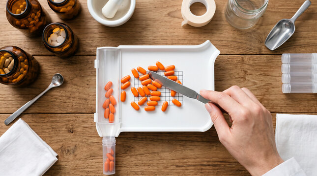 Close up of clinical pharmacist manually counting pills medicine