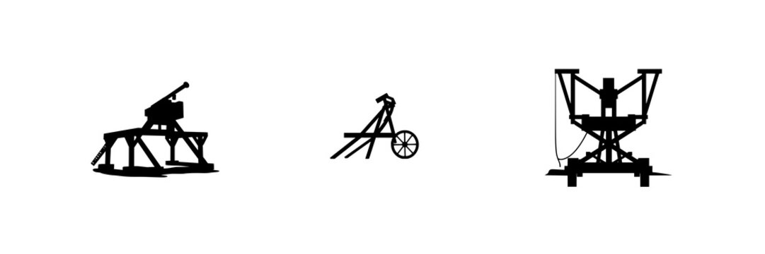 Solid black silhouette of a medieval trebuchet siege engine, historical warfare theme, flat 2D vector, white background. set with simple line art design featuring simple design, minimalist, black a...
