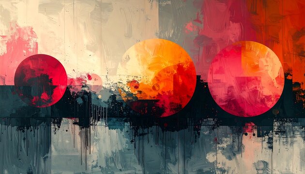 Abstract artwork featuring three overlapping, vibrant circles atop a textured, brushstroke landscape with vertical color variations