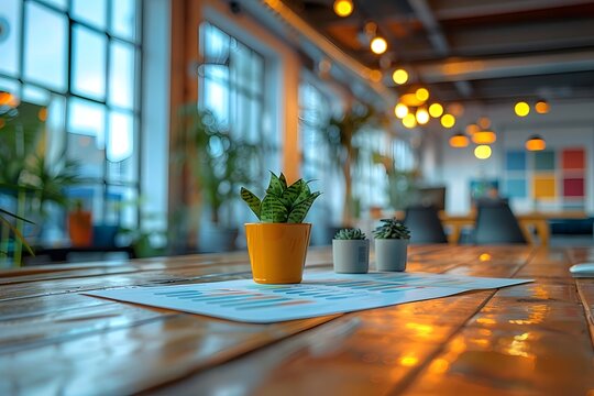 A modern office desk with potted plants and a document reflecting warm lights and a blurred background of the workspace.