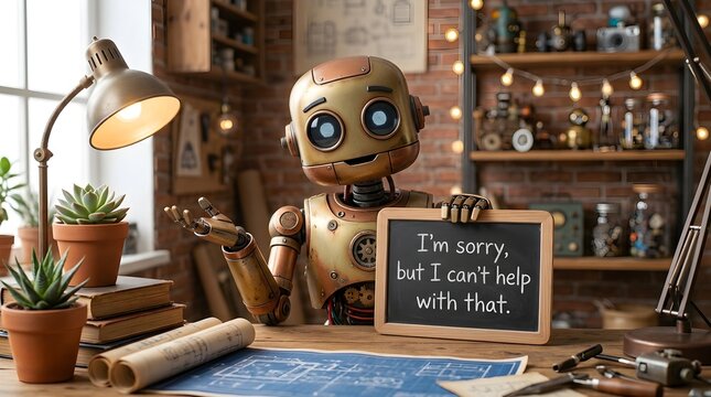 Friendly Vintage Steampunk Robot Sitting at a Workshop Desk Holding a Chalkboard Sign with an Apology Message