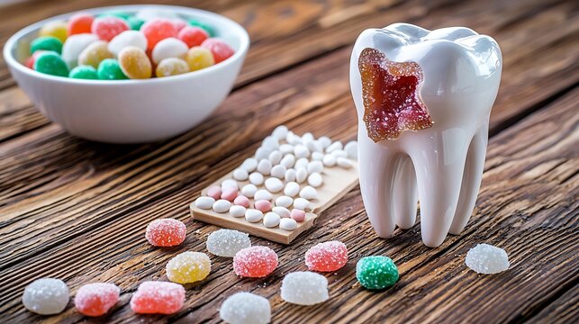Dental caries concept with white tooth model and scattered sugar candies on a rustic wooden surface background