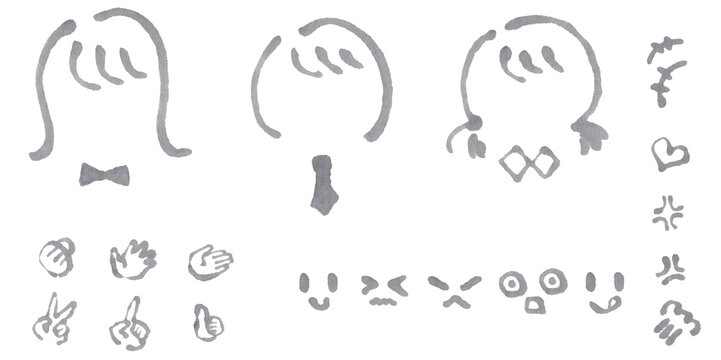 水彩マーカーで描いたゆるくてかわいい顔と手の組み合わせセット