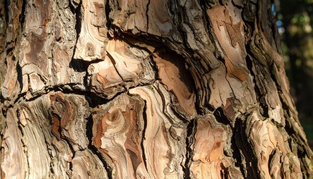 Close-up texture of rough pine tree bark with natural light and shadow.
