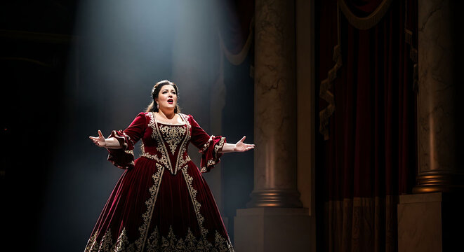 Dramatic opera singer in red baroque gown performing on stage with spotlight