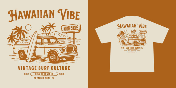 Vintage Pickup Truck T-Shirt Design with surfboard. Classic Style Typography