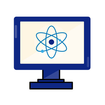 Quantum computing concept&nbsp;featuring quantum icon&nbsp;displayed&nbsp;on computer screen. Modern technology illustration&nbsp;representing advanced digital&nbsp;processing and&nbsp;innovation.