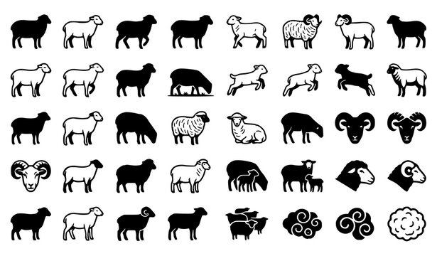 Black and White Sheep and Ram Icon Vector Set with Lamb Ewe Horned Ram and Farm Animal Silhouettes