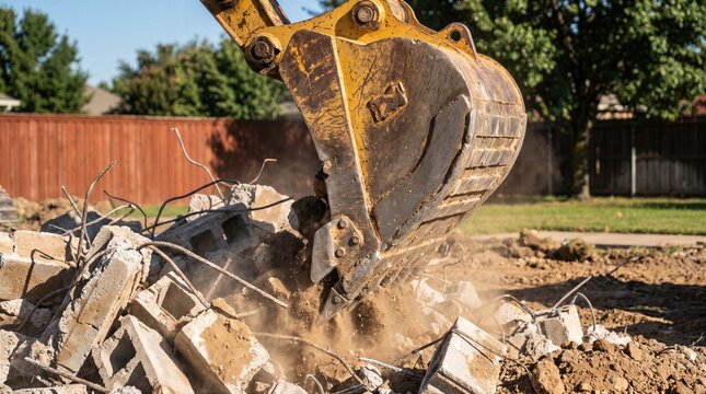 Excavator bucket clearing reinforced concrete rubble