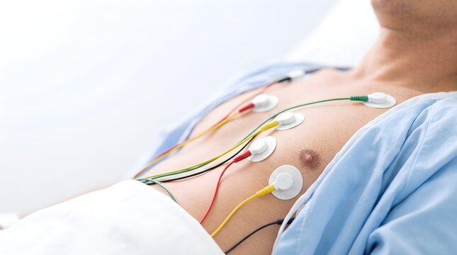 Patient Chest with ECG Electrodes Attached &mdash; Close Up Macro Shot