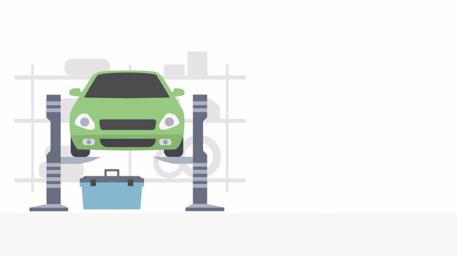 Green Car Being Repaired in a Modern Automotive Service Station.