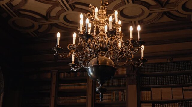 An ornate chandelier glows above wooden bookshelves and a carved ceiling inside a historic castle library, creating a warm cinematic interior scene.